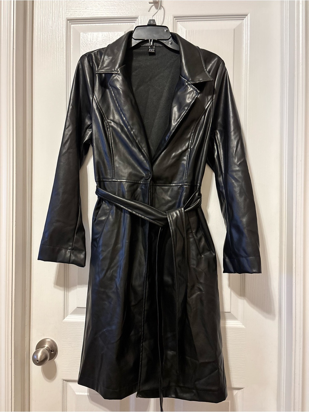 SHEIN Black Faux Leather Trench Coat with Waist Tie